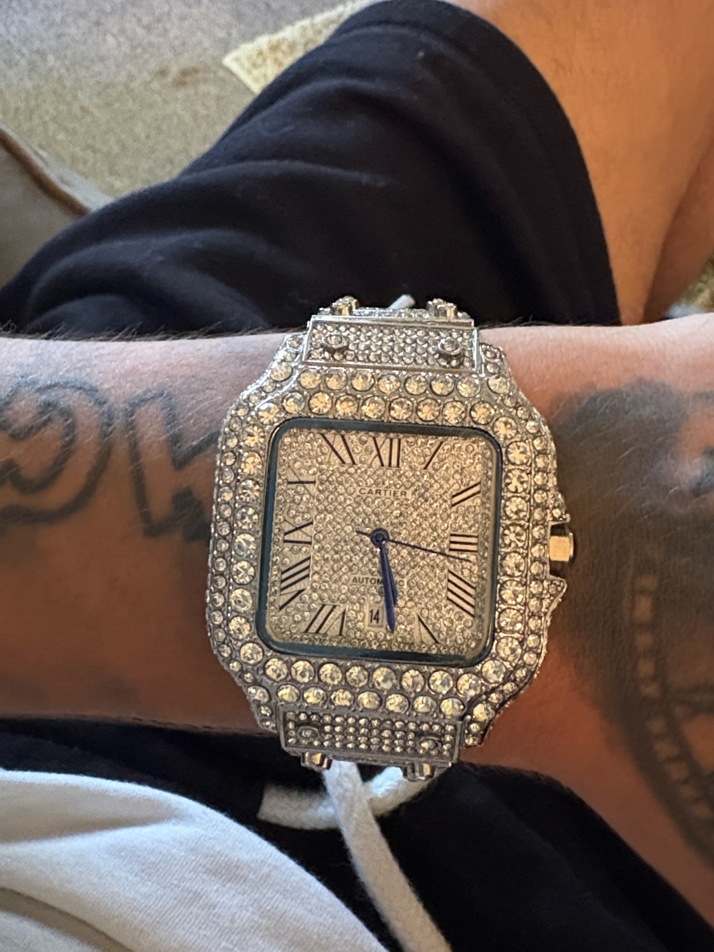 Cartier Silver Tone Pavé Crystal Men's Watch with Blue Hands